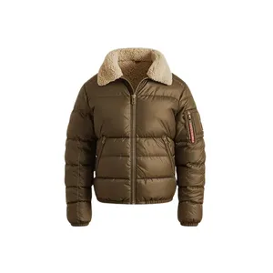 Brown Puffer <b>Jacket</b> with <b>Shearling</b> Collar Bomber Fit - Product Image 1