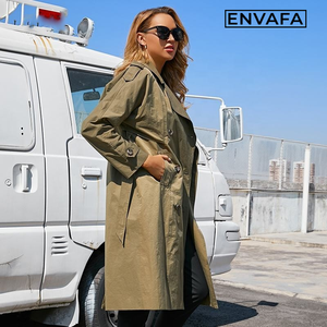 Manteau long trench pour femme grande taille, double boutonnage, couleur unie, décontracté, coupe-vent, manches longues, col en V, teint uni - Product Image 1