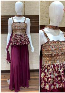 Ensemble Plazo Kurti de qualité supérieure en fausse georgette avec broderie lourde avec travail à la main Daymond avec manchon en tissu extra plan - Product Image 2