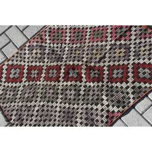 พรมสไตล์ตุรกีโบราณขนาด2.7X3.5ฟุตการออกแบบการเย็บปะติดปะต่อกันสีแดงสีดำถักแบบแบนวัสดุขนสัตว์10มม. สำหรับวัยรุ่น - Product Image 5