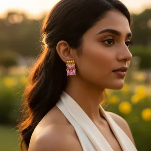Pendientes de Zirconia Rosa para Mujer, Corte Princesa, Diseño de Corona Chapada en Oro, Joyería Clásica de Moda, Regalo de Marca de Rajasthan - Product Image 3