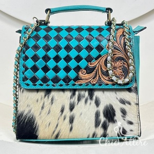 2025 Latest Fashion Designer Checkered Pattern Small Square Crossbody Shoulder Handbag Hand <b>Tooled</b> Cowhide <b>Leather</b> Messenger Bag - Product Image 1