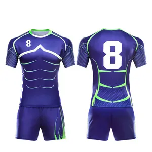 Hoge Kwaliteit Sublimatie Custom Blauwe Sport Dragen Rugby Uniformen Heren Oem Rugby Kits Rugby Shirts Jersey