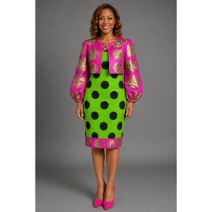 Giacca Bolero Ankara Rosa con Motivo Dorato e Pois Verdi e Neri, Abito Corto Senza Colletto al Ginocchio - Product Image 1
