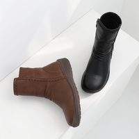 [JSHOE] Sepatu Boots Pendek Kulit Sapi Asli Korea untuk Musim Gugur, Hak 4cm, Ritsleting Samping, Lapisan Bulu Hangat, Sol Lembut, Detail Jahitan