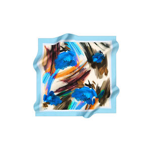 Foulard carré en crêpe de soie bleu dessiné à la main 90x90 - Product Image 1
