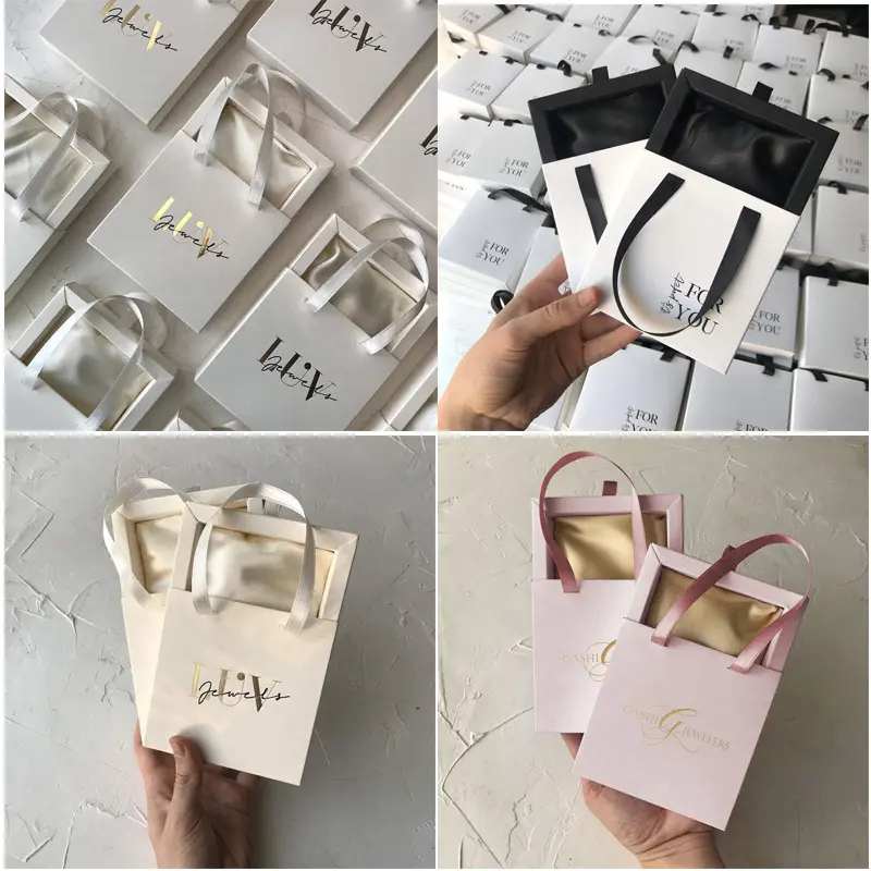 Confezione regalo di gioielli in raso scorrevole con cassetto stampato bianco di lusso personalizzato con nastro