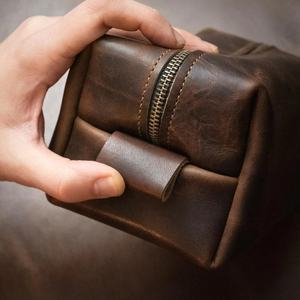 Genuine Leather Toiletry Bag Vintage Style Zipper Closure Soft Handle Large Capacity Cosmetic Travel <b>Case</b> for Men and Women - Product Image 4