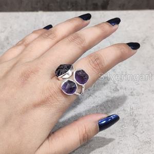 Bijoux en pierre brute Bague pour femme Améthyste brute naturelle Pierre précieuse Février Pierre de naissance Bijoux en pierre triple Bague en argent sterling 925 - Product Image 3