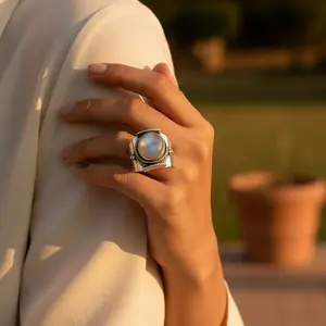 Anillo de Plata 925 con Piedra Lunar para Mujer, Gema de Corte Princesa, Patrón Geométrico, Engaste Invisible, Joyería IGI para Hombre - Product Image 2