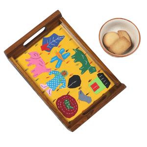 Bandeja para servir pequeña amarilla hecha a mano con apliques de madera de teca con tapa de cristal, Plato decorativo para desayuno, mesa decorativa - Product Image 5