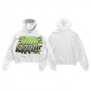 Sweat à capuche pour homme en coton molletonné épais 420 GSM, blanc, délavé à l'acide, effet vintage, coupe oversize, impression en relief, sérigraphie, logo personnalisé - Product Image 1