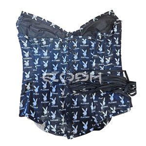 Corset en satin noir et blanc, style mode, avec baleines en acier, imprimé Playboy Bunny, à fermeture frontale. - Product Image 6