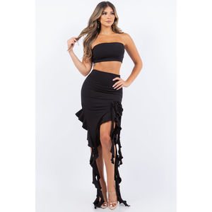 ชุดเซ็ตเครปสองชิ้นสำหรับผู้หญิง Regina ไซส์ XS/XXS สไตล์คลับ กระโปรงสั้น เสื้อท่อนบนแบบทอ ผ้าเครปถักลายเรียบ สำหรับฤดูร้อน - Product Image 1