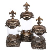 Miroir en verre transparent de haute qualité fabriqué avec un couvercle de designer antique coulé en aluminium Ensemble de 3 fournitures de pots en étain de cuisine