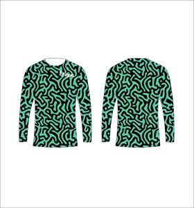 Camiseta de Manga Larga Sublimada Personalizada, Negra con Patrón de Laberinto Verde Menta, Cuello Redondo, Ropa Deportiva de Alto Rendimiento, Ferocious Clothing, Venta al Por Mayor - Product Image 1