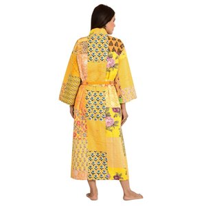 Kantha-Stich 100% Cotton Reversible Long Kimono Handmade Knit <b>Cape</b> Unisex Gift Yellow for <b>Women</b> 1 Piece Textured Stand Collar - Product Image 3