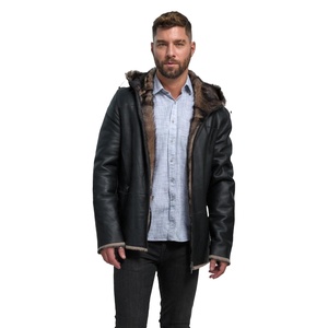 Custom Men Genuine Sheep Skin Winter Jacket Hooded Zip Outerwear Sherpa Lined Warm Eco-Friendly Breathable Casual <b>Coat</b> OEM - Product Image 3