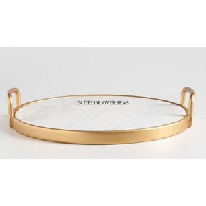 Latest Pattern Arrival White Color <b>Powder</b> Coated Food Items Serving Luxury Tray With Gold Plated Leaves & Buds Design Handles - Product Image 2