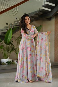 Anarkali Style Summer Comfort Fancy Floral Printed Back Side Dori Attach Georgette Gown With Dupatta Wholesale Surat India - Product Image 5