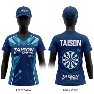 เสื้อดาร์ทหญิง 185 GSM ผ้าตาข่ายโพลีเอสเตอร์แห้งเร็ว สีน้ำเงิน แต่งแถบสีตัดกัน ชุดยูนิฟอร์ม พิมพ์ลายแบบรีดร้อนตามสั่ง เสื้อผ้าระดับมืออาชีพ - Product Image 1
