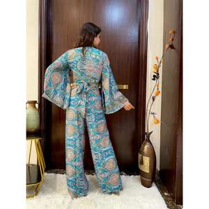 Women Printed Co Ord Set With <b>Bell</b> Sleeves Crop Top Wide Leg Pants Boho Ethnic Two Piece <b>Outfit</b> - Product Image 4