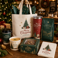 Coffret cadeau de Noël personnalisé AT PACK avec sachets de café, tasses, sac fourre-tout, boîtes cadeaux, serviettes et accessoires de café pour les fêtes
