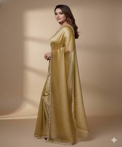 Sari Moderno GMY de Seda con Bordado de Encaje Colorido, Blusa Sin Coser, para Fiestas, Color Verde Perenne, Secado Rápido, Precio al por Mayor - Product Image 1