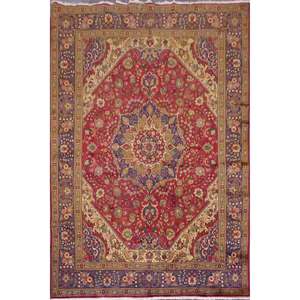 Alfombras persas antiguas anudadas a mano de Tabriz, diseño floral tradicional, teñido con tintes vegetales naturales, lana y algodón, 10'9 x 8'4 - Product Image 1