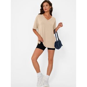 T-shirt respirant pour femme, col en V, coupe ajustée, OEM personnalisé, manches courtes, anti-boulochage, coton polyester, haut décontracté - Product Image 3