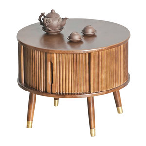Round Ash Wood <b>Coffee</b> <b>Table</b> with Sliding Doors and Rubber Wood Veneer Top Farmhouse Style Living Room Furniture-TT68260 - Product Image 1