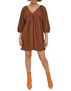 Vestido MIDI de cintura natural ODM marrón para mujer, cuello en V, puños elásticos, silueta de línea A transpirable ecológica - Product Image 3