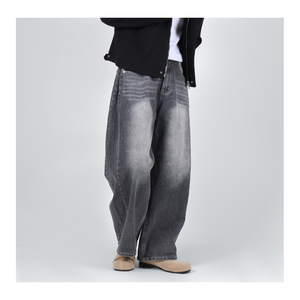 Pantalones vaqueros de pierna ancha lavados Vintage para hombre, ropa de mezclilla con abertura lateral K-Fashion, 2 colores, informal, cómodo, holgado, traje de moda - Product Image 4