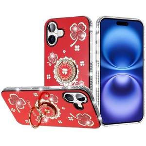 เคส iPhone 17 2025 แบบมีกลิตเตอร์ ขอบเพชร พร้อมขาตั้งแบบวงแหวน สีแดง - Product Image 1