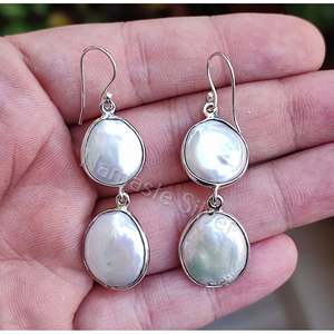 Handmade 925 Sterling <b>Silver</b> Dangle <b>Earrings</b> Genuine Freshwater Coin <b>Pearl</b> with Gold Elegant Jewelry Gift for Her Birthday - Product Image 6