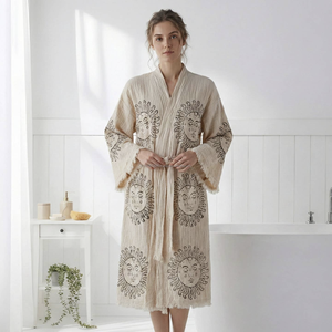 Peignoir unisexe en coton de luxe à imprimé bloc, léger, en lin tissé respirant, pour le printemps, l'été et toute l'année, idéal pour la détente et comme vêtement de nuit. - Product Image 1
