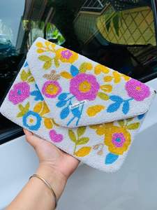 Colorful Floral Hand <b>Beaded</b> Clutch Designer Wedding & Festive Handbag - Product Image 2