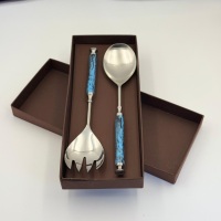 Ensemble de service à salade en argent poli, service à salade décoratif en métal avec poignée ronde en résine bleue, ensemble de service à salade