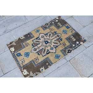 Vintage Turkish Rug, 2.1x3.3 ft Small Rug, <b>Brown</b> Blue Camouflage <b>Wool</b> Rug - Product Image 3