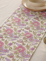 Chemin de table double couche en toile slub premium imprimée au bloc, motif floral, avec pompons, style damassé tissé, rose floral pour salle à manger
