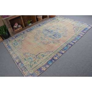 พรมตุรกีวินเทจขนแกะสีเบจสีฟ้า5.6 x 8.9ft แบนถักลายสำหรับตกแต่งห้องนั่งเล่นห้องโถงใช้น้ำยาง - Product Image 2