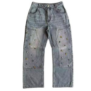 Pantalones vaqueros lavados con ácido para hombre, ropa informal, Color sólido, diseño transpirable, cintura media, holgados, personalización de pantalones vaqueros con diamantes de imitación para hombre - Product Image 3