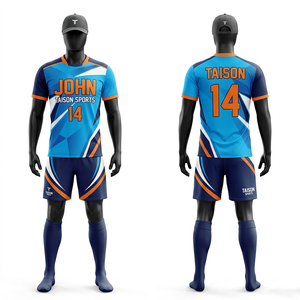 Mens Tennis Uniform 180 GSM Breathable Polyester Fabric Blue Navy Orange White Graphic Panel Custom Logo Sublimation <b>Sports</b> <b>Set</b> - Product Image 1