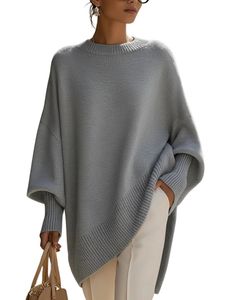 Customized <b>Women</b> Grey Oversized Knit Poncho Sweater Winter Loose Fit Batwing Sleeve Soft <b>Warm</b> Pullover Casual Fashion Top - Product Image 1