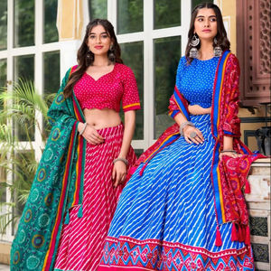 Lehenga Choli imprimé Leheriya rose nouvellement lancé avec bordure imprimée Patola et impression Bandhej Dupatta pour les fêtes Navratri - Product Image 1