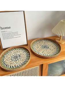 Bandeja de mimbre natural rústica y resistente, bandeja tejida a mano para almacenamiento y decoración rústica a buen precio - Product Image 5