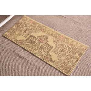 1.4x3.1 ft Rug, Vintage Turkish Rug, <b>Brown</b> Yellow Moroccan <b>Wool</b> Rug - Product Image 3