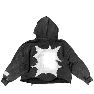 Sudadera con capucha y cremallera de Algodón 100% con lavado ácido Vintage, sudadera de invierno de peso pesado personalizada, parche bordado con apliques desgastados recortados - Product Image 1