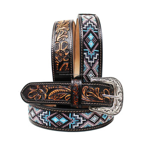 เข็มขัดหนังคาวบอยโรดิโอคุณภาพสูง งานแฮนด์เมด ประดับลูกปัด พร้อมหัวเข็มขัดโลหะผสมสังกะสีสลักลาย - Product Image 1