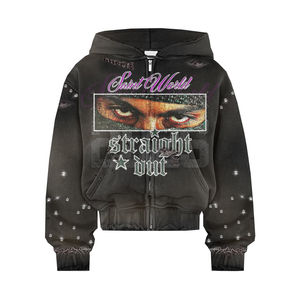 Sudadera con Capucha Personalizada de Alta Calidad, Estilo Holgado, Corta, de Felpa Francesa, Lavado Ácido, con Cierre y Pedrería, Perfecta para Uso Diario - Product Image 3